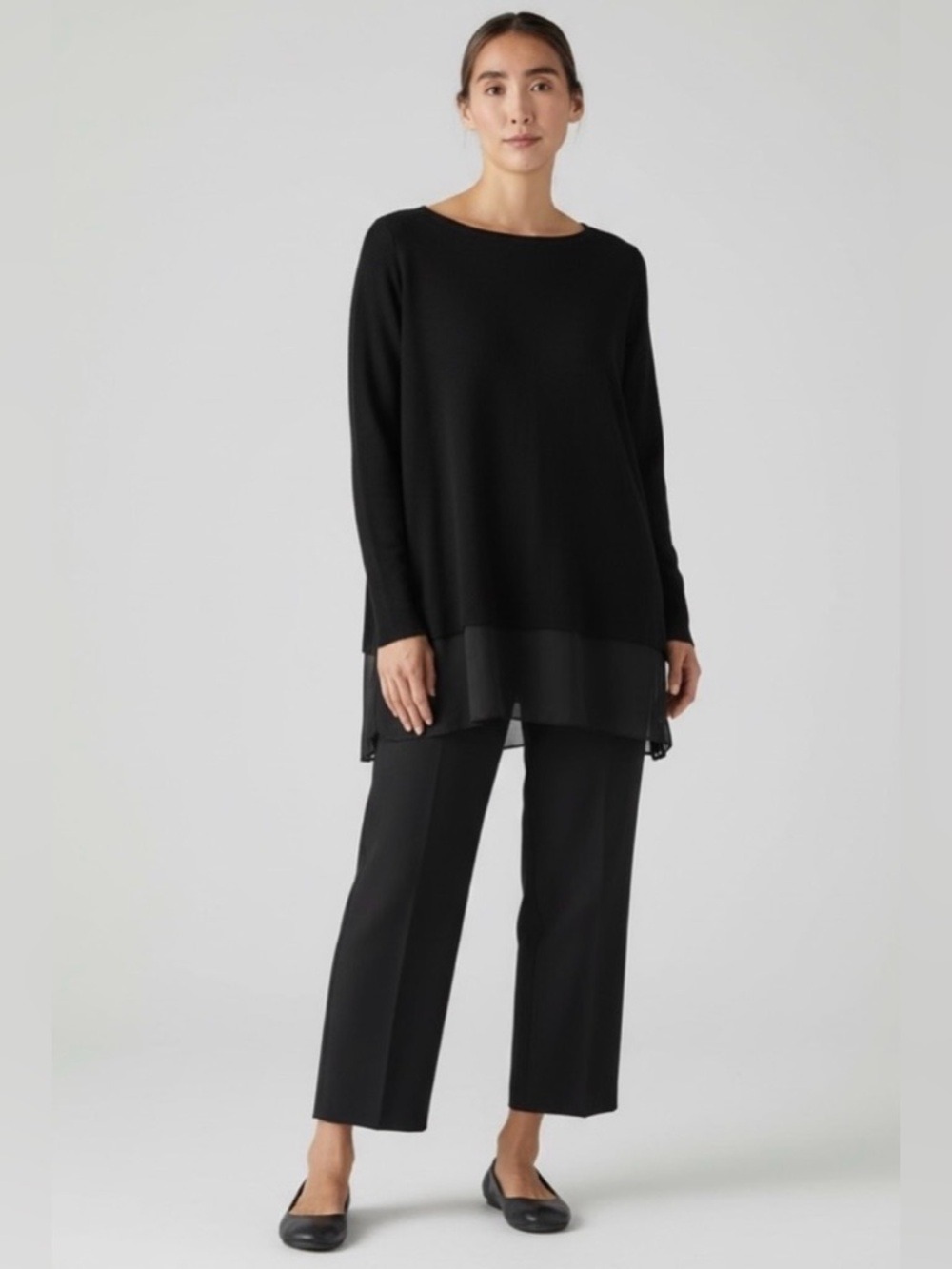 Eileen Fisher Black 100% Silk Layered Tunic Top XS Relaxed Fit